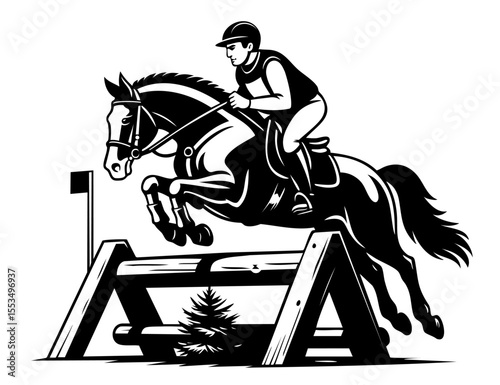 Black and white vector illustration of an equestrian eventing athlete with horse jumping over an obstacle