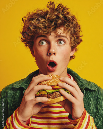 A young man with curly hair looking surprised while holding a burger against a yellow background studio shot