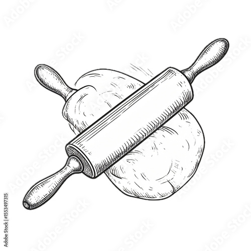 Rolling pin and dough sketch isolated on white background