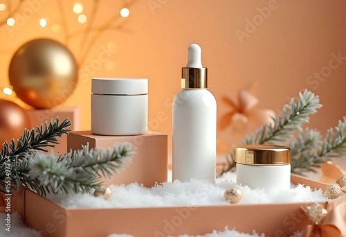 Elegant Holiday Skincare Set on a Festive Winter Display. A beautifully arranged, winter-themed display of white cosmetic containers with gold accents.