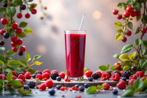 Berry Bliss: A vibrant image of a healthy red berry smoothie, elegantly presented amidst a lush arrangement of fresh berries and greenery, epitomizing wellness and refreshment.