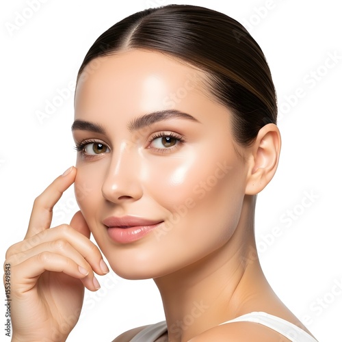Radiant Beauty: A Portrait of a Woman Showcasing Flawless Skin and a Gentle Touch, Elegant Woman with Perfect Skin and Minimal Makeup, Emphasizing Natural Beauty