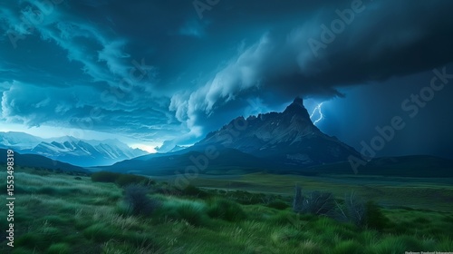 Thunderstorm over a landscape of mountains and grassland. Patagonia in Chile, South America.
