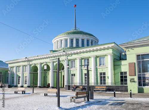 At the railway station building on a sunny March day. Murmansk