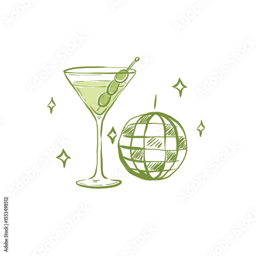 Cute hand drawn martini cocktail and disco ball beside vector