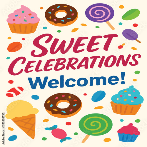 Sweet Celebrations Welcome Poster with Colorful Desserts and Candy Illustrations