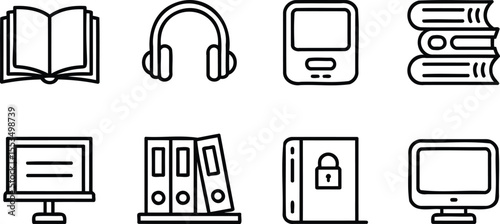 Digital and Office Technology Icons Featuring Book, Headphones, Computer, and Security