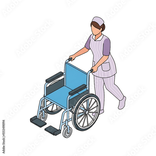 Nurse preparing wheelchair for patient transport.