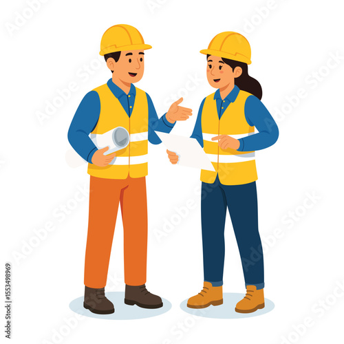 Two construction contractors, one man and one woman, standing and discussing while holding rolled-up blueprints