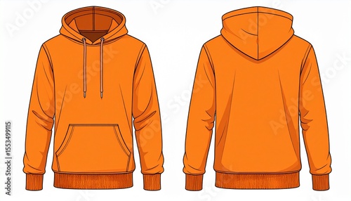 Orange Hoodie Mockup for Product Design - T-shirt Template for Logo Placement and Branding - Technical Outline for Hooded Vest for Apparel and Merchandise - Print File for Front and Back - Clothing