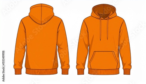 Orange Hoodie Mockup for Product Design - T-shirt Template for Logo Placement and Branding - Technical Outline for Hooded Vest for Apparel and Merchandise - Print File for Front and Back - Clothing