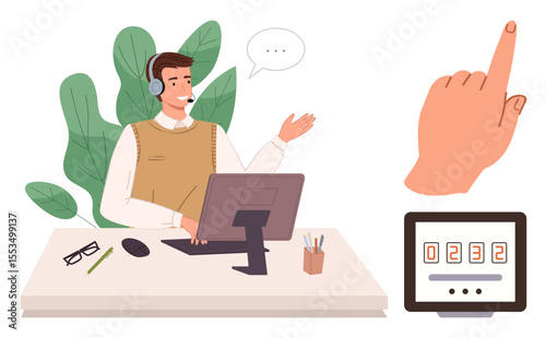 Customer service representative wearing a headset at a desk, engaging in a call. Visible hand pointing at a digital counter. Ideal for customer support, communication, technology, interaction