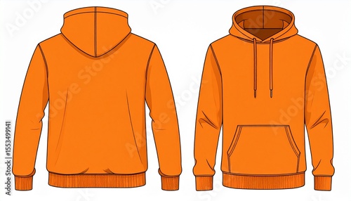 Orange Hoodie Mockup for Product Design - T-shirt Template for Logo Placement and Branding - Technical Outline for Hooded Vest for Apparel and Merchandise - Print File for Front and Back - Clothing