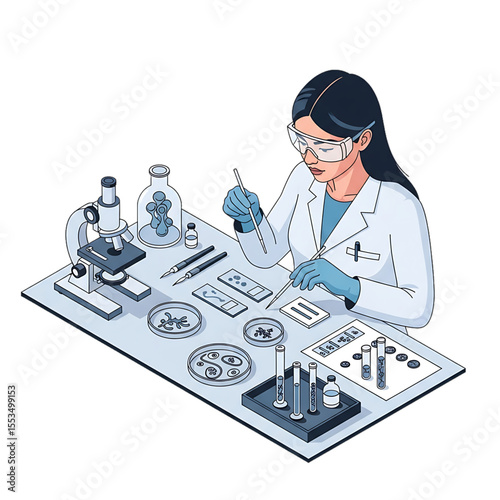Female scientist working with microscope and petri dishes.