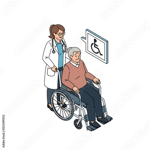 Doctor helping wheelchair-bound patient.