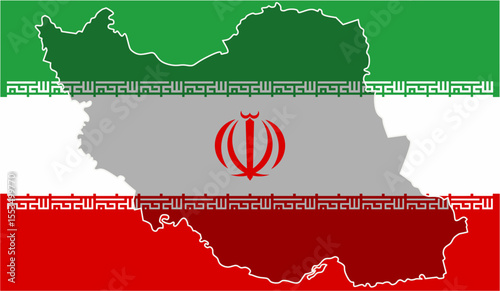 Creative vector design of Iran map silhouette filled with national flag colors and emblem, placed over full Iranian flag background. Ideal for educational, political, and cultural content.