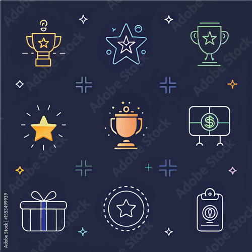 Colorful Achievement & Reward Icon Set on Dark Background