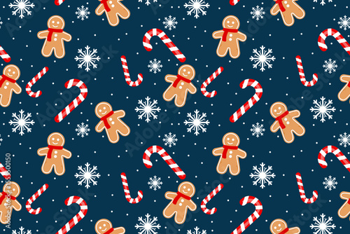 Gingerbread man cookies with candy cane and snowflakes seamless pattern 
