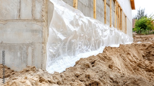 Building construction with cinder blocks and plastic sheeting next to piles of dirt