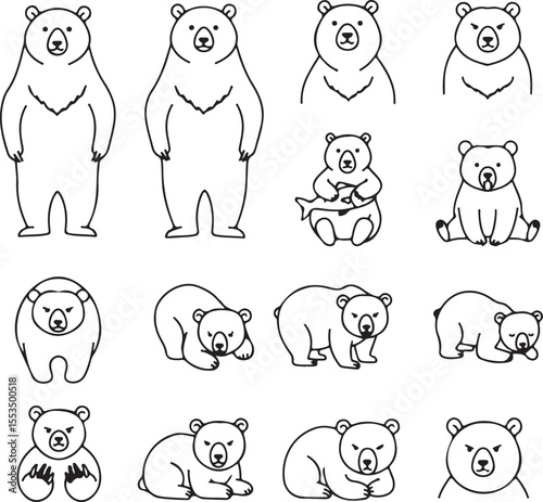 Bear Illustration Set: Line Art Drawings of Bears in Various Poses