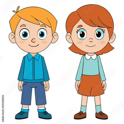 A cartoon boy with orange hair in a blue outfit and a girl with red hair in a light blue top and orange skirt stand side by side, both smiling.