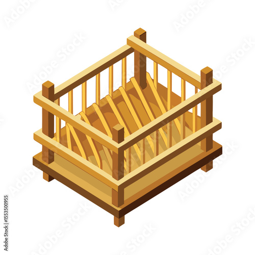 Brown wooden park bench, an empty old cot-like seat, isolated on white for a child's room design