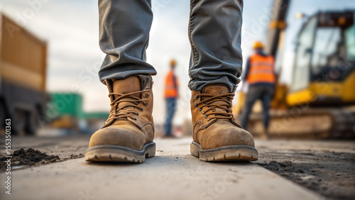 A close-up shot of construction worker's work boots on a construction site 