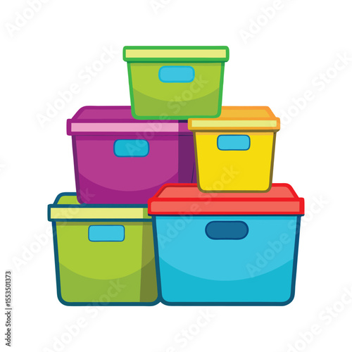 Colorful plastic recycling containers: green, blue, and yellow bins for waste disposal, isolated on white