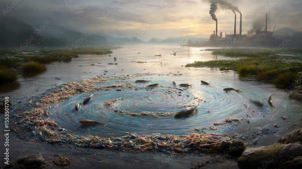 Polluted stream swirling with debris, fish struggling, factory in the distance, somber atmosphere