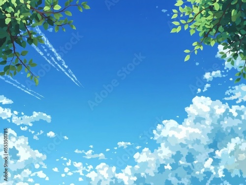 A vibrant sky with fluffy white clouds and contrails, framed by lush green leaves under a bright blue expanse. Ideal for sky photography, nature art.