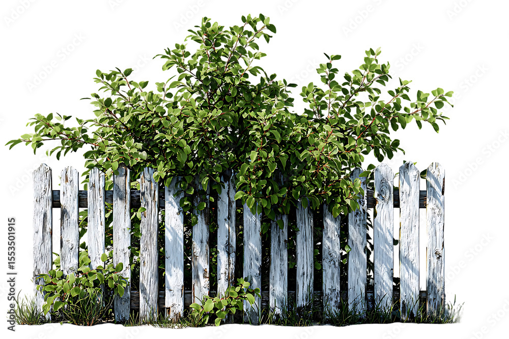 Fototapeta premium Overgrown white picket fence with green bushes.