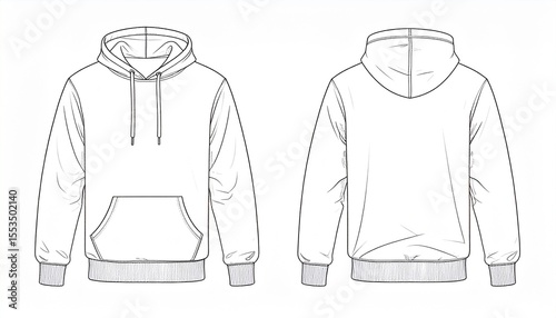 White Hoodie Mockup for Product Design - T-shirt Template for Logo Placement and Branding - Technical Outline for Hooded Vest for Apparel and Merchandise - Print File for Front and Back - Clothing