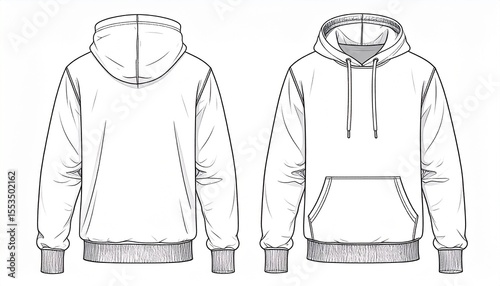 White Hoodie Mockup for Product Design - T-shirt Template for Logo Placement and Branding - Technical Outline for Hooded Vest for Apparel and Merchandise - Print File for Front and Back - Clothing