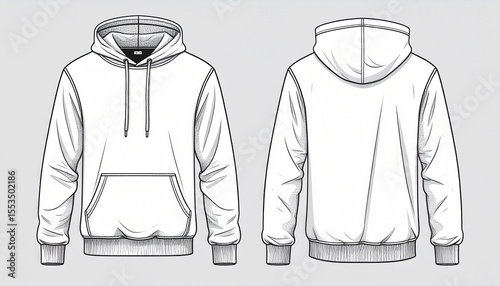 White Hoodie Mockup for Product Design - T-shirt Template for Logo Placement and Branding - Technical Outline for Hooded Vest for Apparel and Merchandise - Print File for Front and Back - Clothing