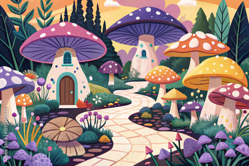 fairytale garden with whimsical mushrooms, winding tiny pathways, and magical forest vibes vector ideal for fantasy themes, storybooks, and children’s designs
