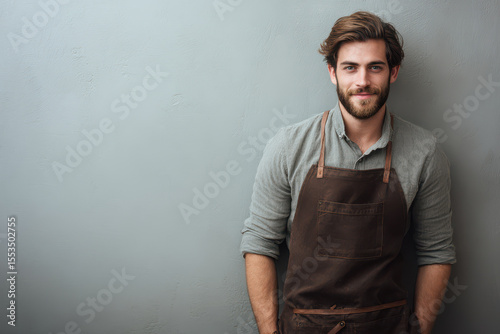 portrait of barista positioned on right against light gray background exuding warmth and tranquility