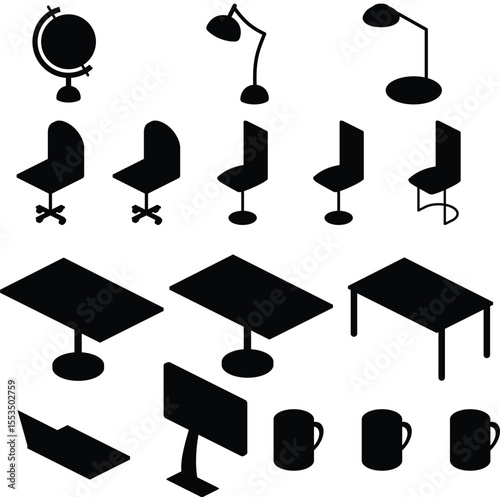 Isometric office furniture and accessories illustration. Flat vector objects isolated on white background. Work space concept.