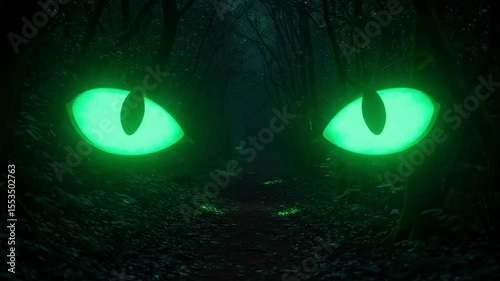 Mysterious glowing green eyes in dark forest at night  