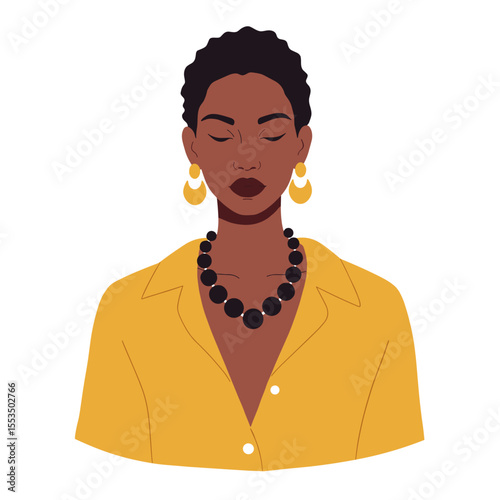 Black woman wearing a bold statement necklace, flat design vector, transparent background. Fashion, accessories, individuality, style, diversity. Ideal for retail, beauty, apps, web