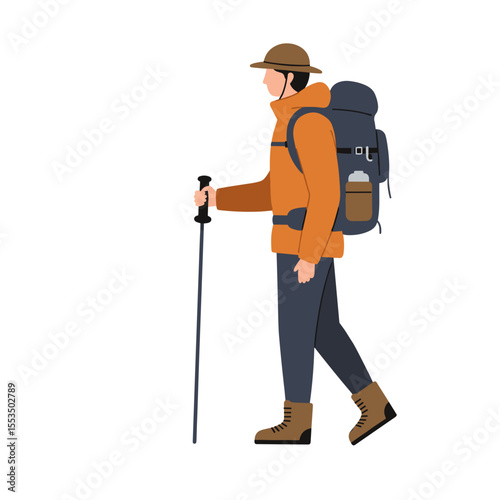 Man wearing hiking gear walking with backpack and trekking pole, flat design vector, transparent background. Outdoor adventure, trekking, nature, healthy lifestyle. Ideal for tourism, sports, apps
