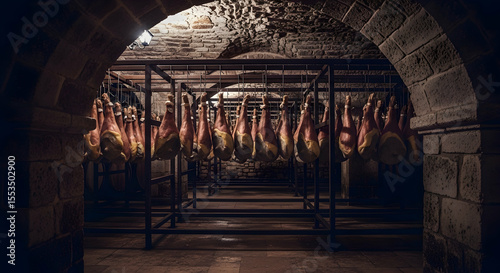 Cured Ham Legs Aging in Stone Cellar for Gourmet Cuisine Production