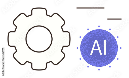 Gear outline alongside a purple AI sphere with dots, suggesting technology, automation, and innovation. Ideal for machine learning, automation, progress, digital transformation, analytics AI