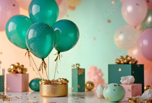 Teal Green Balloons with Golden Ribbons on Festive Table with Glitter and Colorful Gifts

