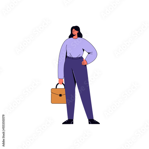 Confident woman with a confident pose, standing with a briefcase, flat design vector, transparent background. Empowerment, success, business, leadership. Ideal for corporate, coaching, apps, web