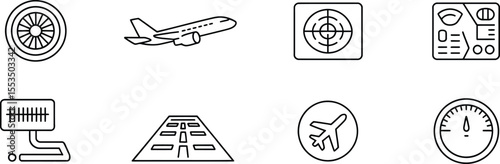 Aviation and Flight Icons Featuring Airplane, Runway, and Navigation