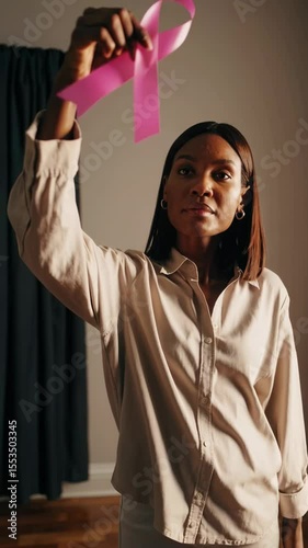 African American woman holding a pink awareness ribbon, symbolizing breast cancer support, hope, and solidarity, looking directly at the camera.

