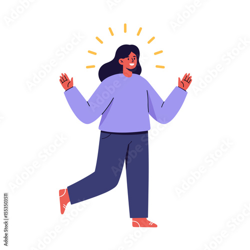 Young woman joyfully dancing with a glowing aura, transparent background, positive energy, happiness, emotional well-being, lifestyle, self-care