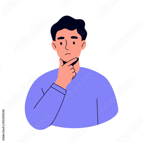 Young man with thoughtful expression, transparent background. Contemplation, problem-solving, decision-making, learning, intelligence. Ideal for educational content, business, apps, web