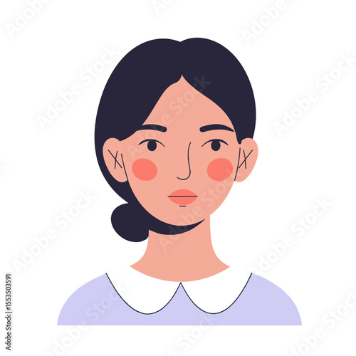 Young woman with rosy cheeks smiling, simple flat design vector, transparent background. Natural beauty, healthy glow, innocence, wellness, skincare, beauty products