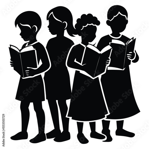 A group of children sit closely, reading a book together in silhouette. Their curious faces glow with wonder, sharing stories under a calm and magical atmosphere.